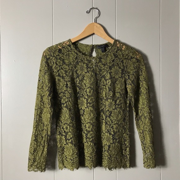 J. Crew Factory Tops - J CREW OLIVE GREEN SHEER FLORAL LACE LONG SLEEVE BLOUSE KEYHOLE WOMENS SIZE 00